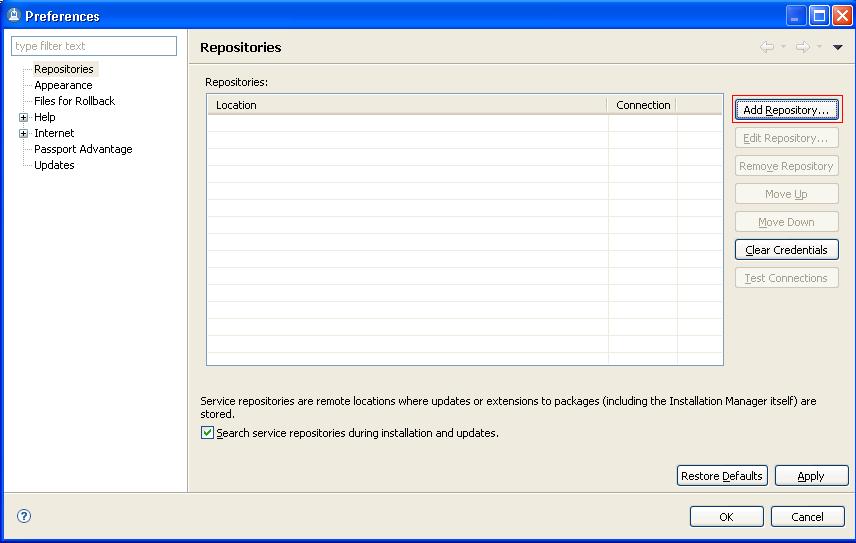 Installation Manager Preferences panel